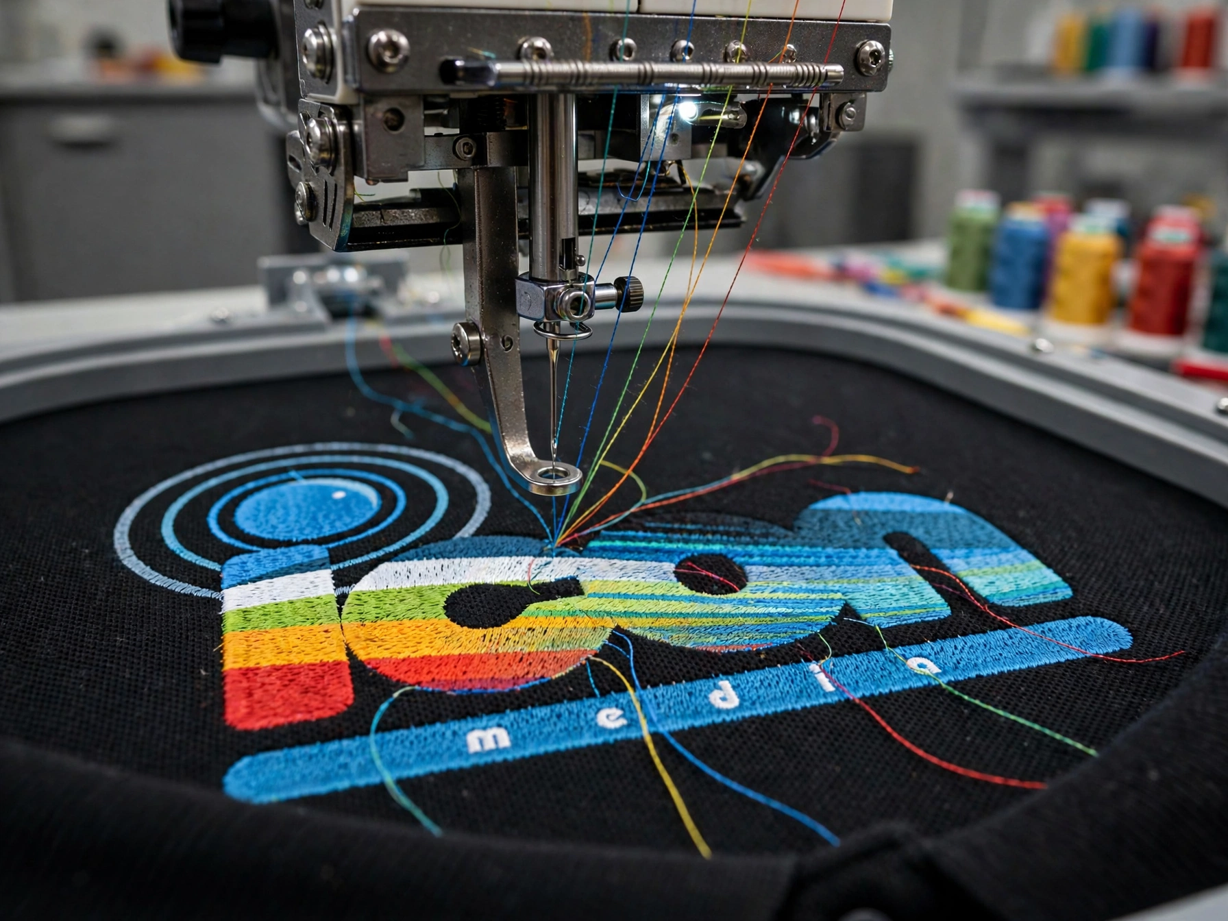 Embroidery machine stitching a branded logo onto fabric