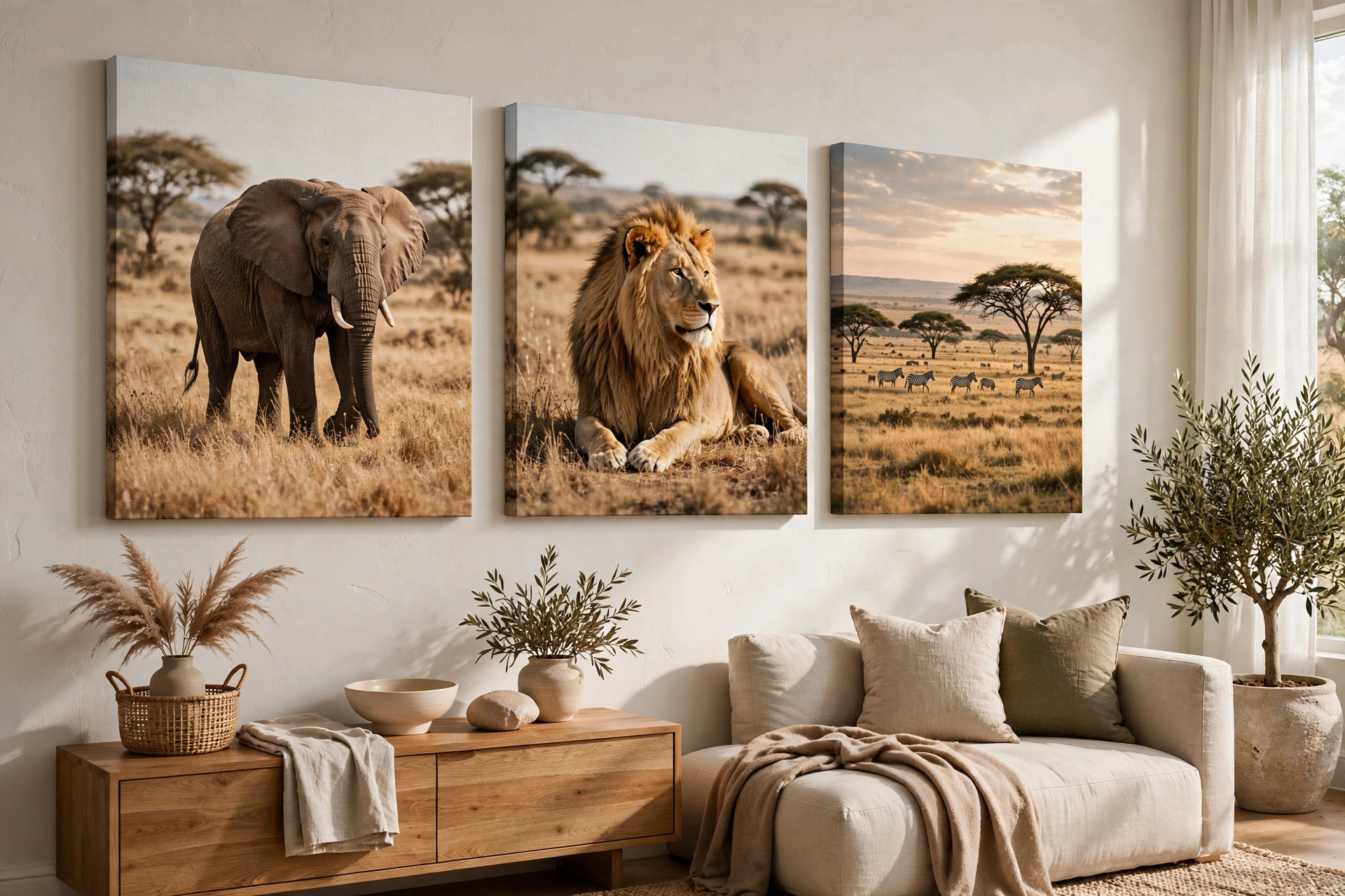 Framed wildlife canvas prints displayed in a lounge