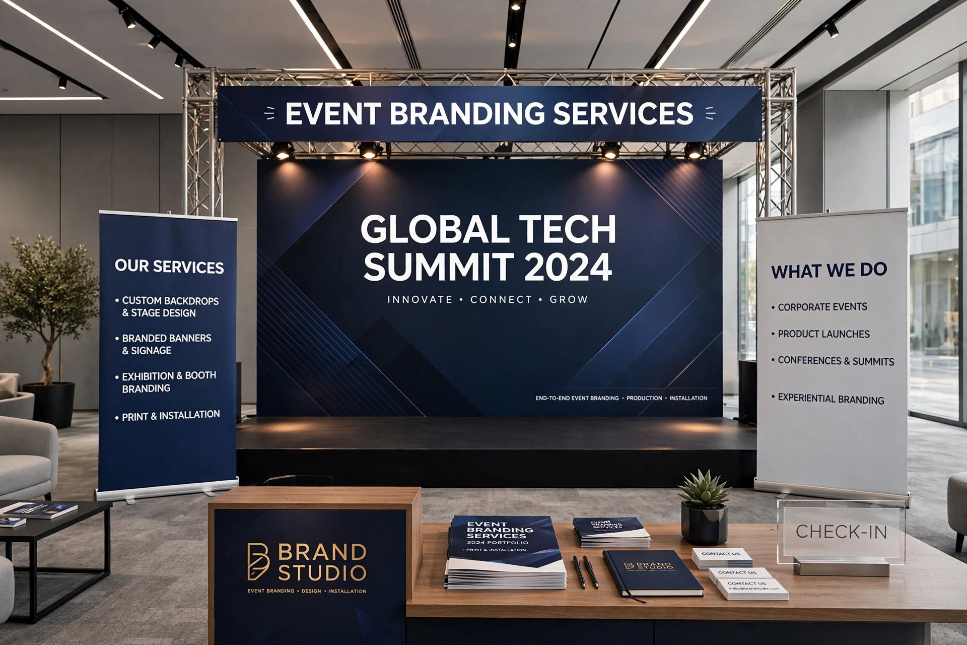 Event branding backdrop and signage at a conference