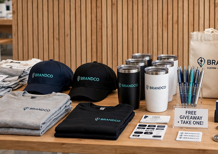 Branded caps, apparel, drinkware and bags on display